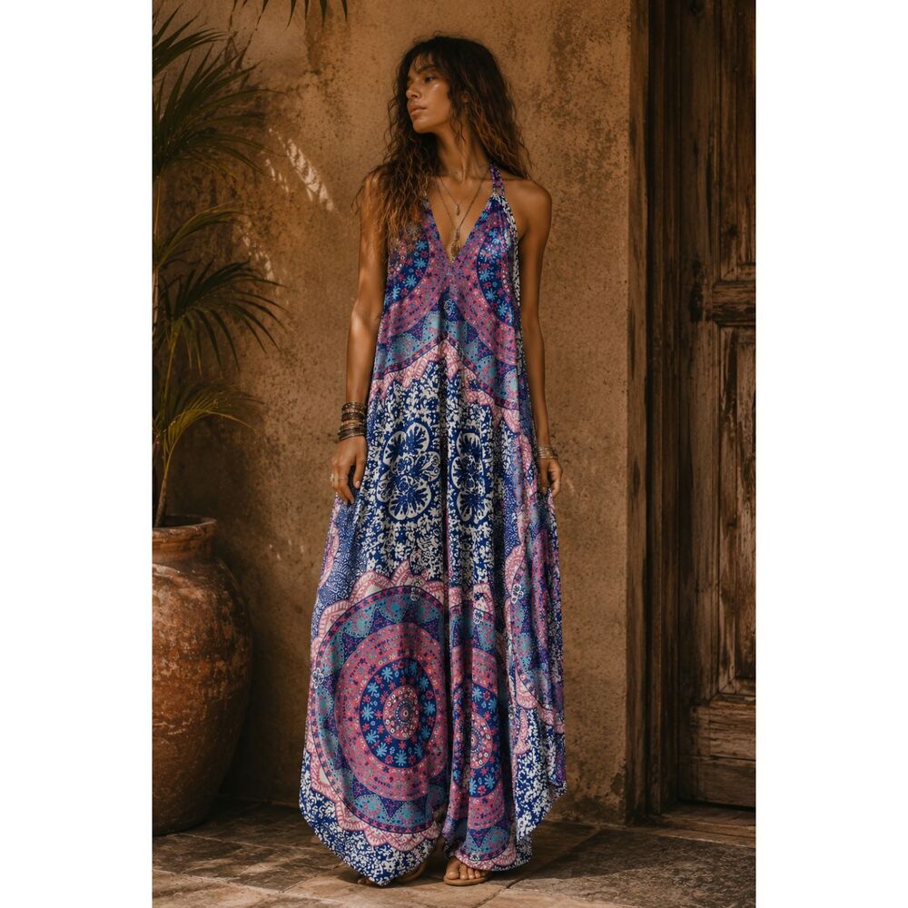 Bali Prema NWT Boho  Halter Wide Leg Jumpsuit Mandala Resort Romper